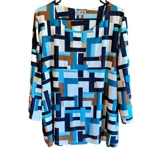 JM Collection Woman 1X Abstract Geometric Print Long Sleeve Tunic Top Blue Brown